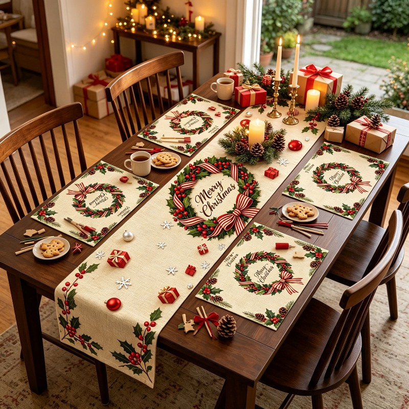Christmas Table Runner - 5 adet Noel Çelenk Baskılı Masa